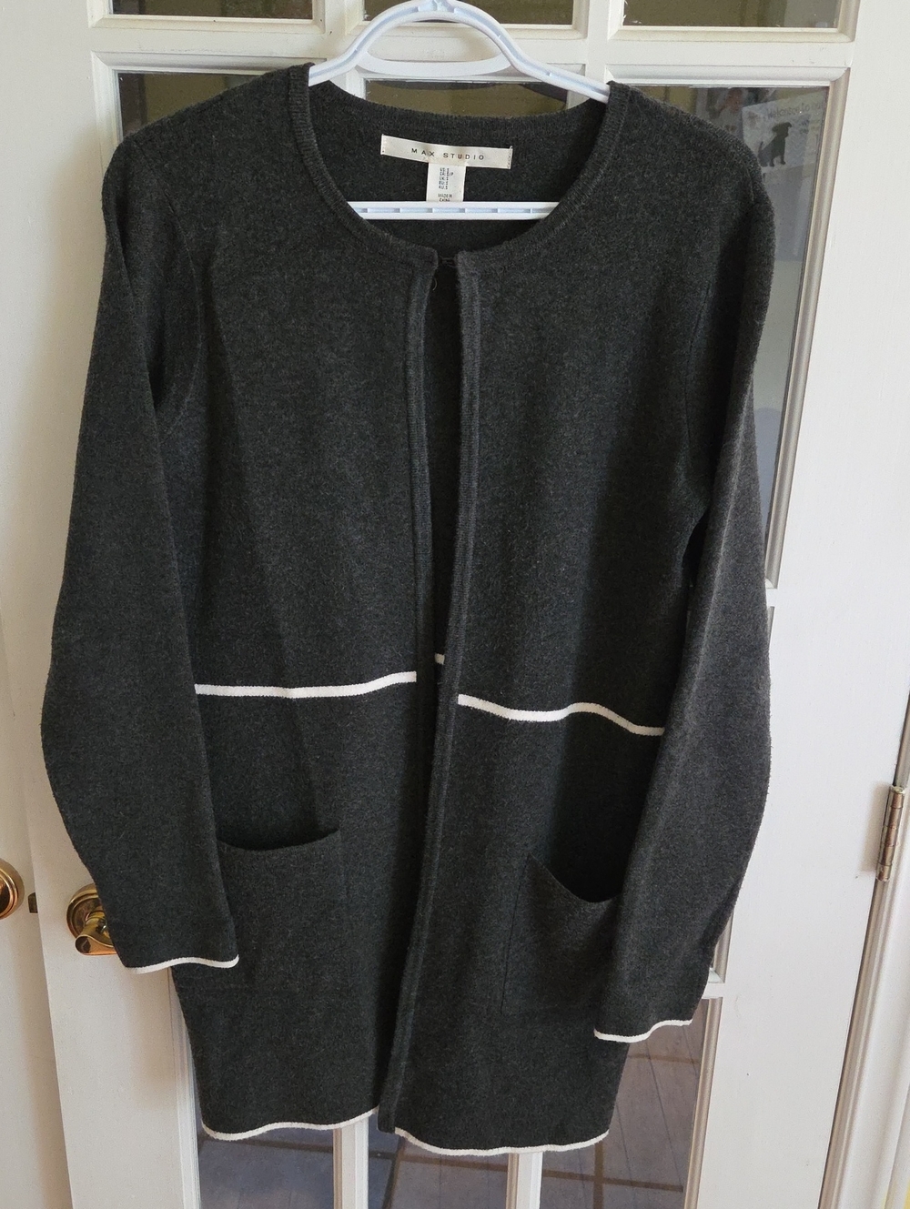 Max Studio Charcoal Open-Front Cardigan with White Trim